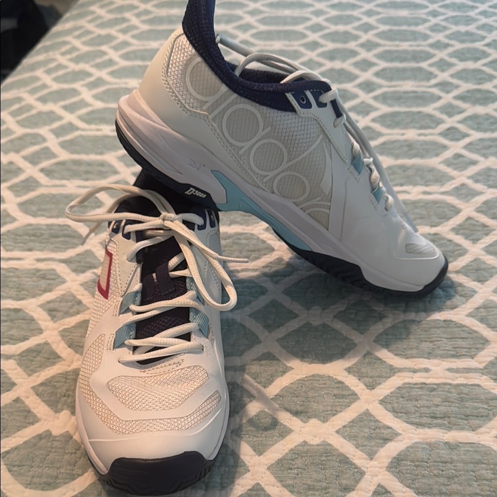 Adidas White and Blue Athletic Shoes with Mesh Upper